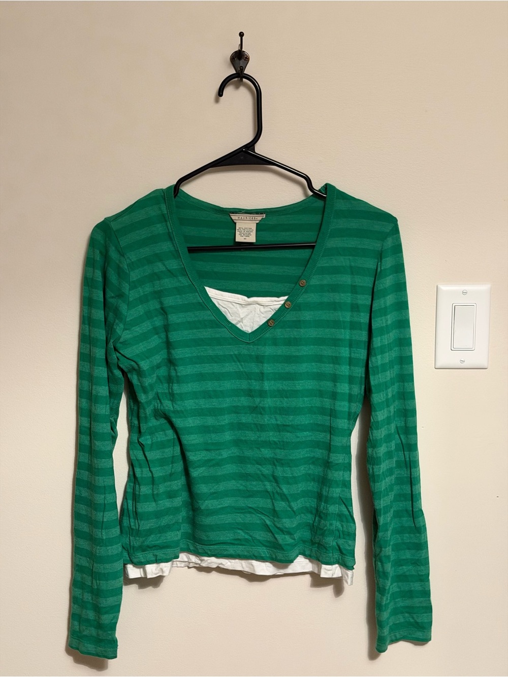 Y2K Maurices Cotton Green Striped V-Neck Layered Long Sleeve Top